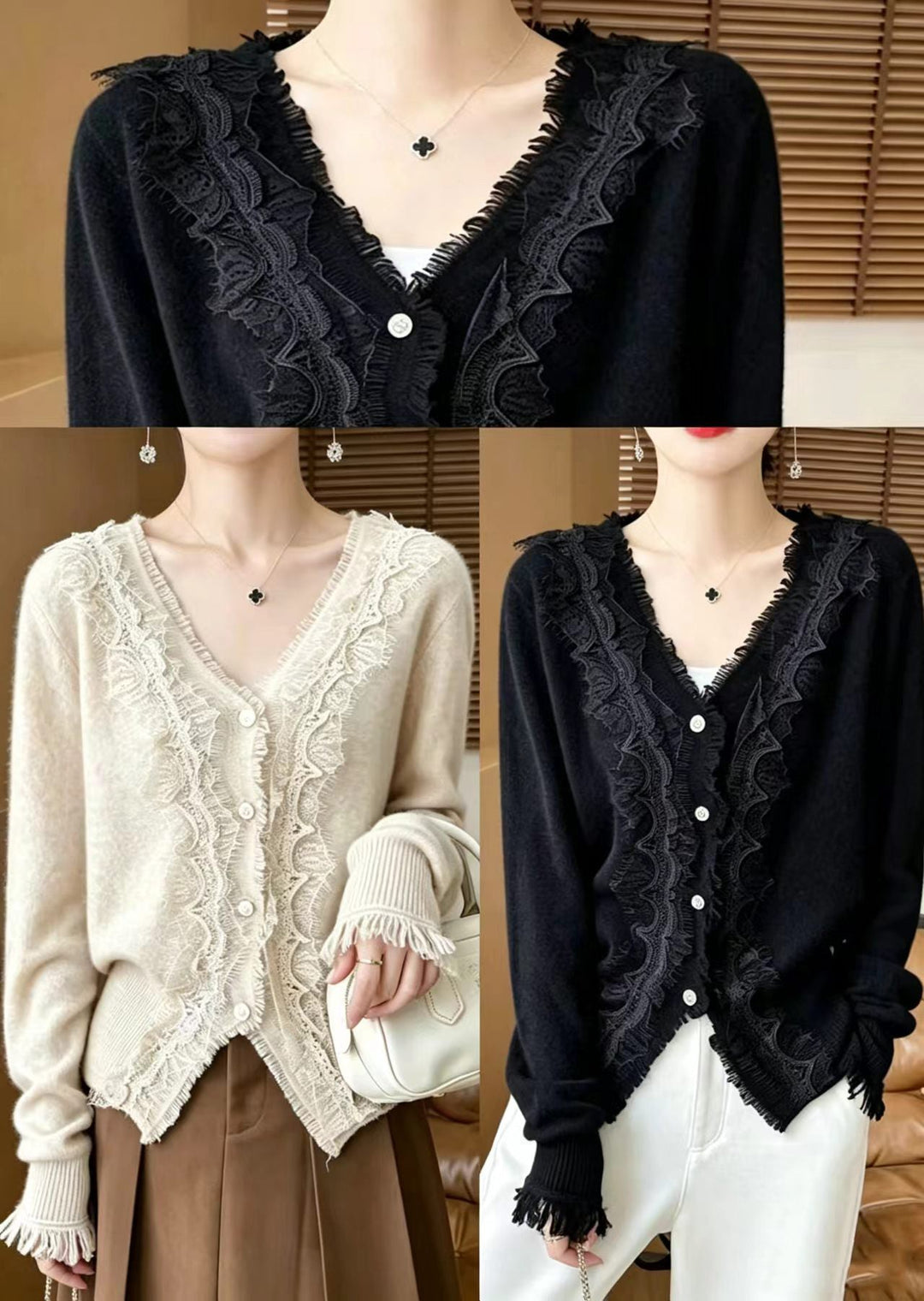 Stylish Apricot V Neck Lace Patchwork Knit Cardigan Fall