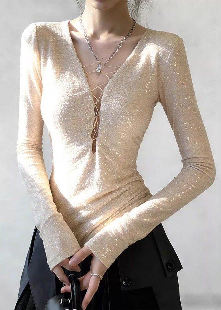 Stylish Apricot V Neck Sequins T Shirts Spring