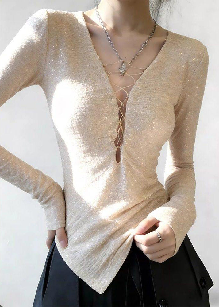 Stylish Apricot V Neck Sequins T Shirts Spring