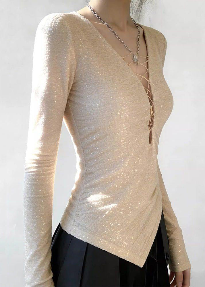 Stylish Apricot V Neck Sequins T Shirts Spring