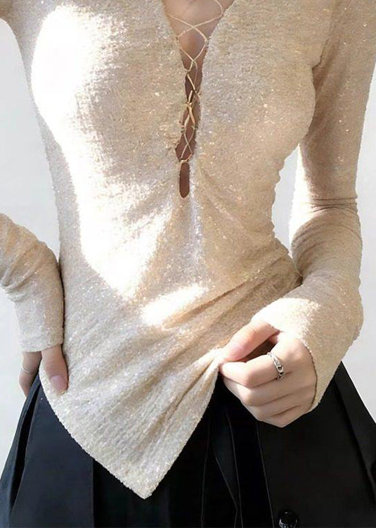 Stylish Apricot V Neck Sequins T Shirts Spring