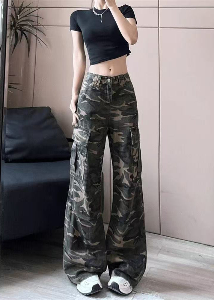 Stylish Army Green Camouflage High Waisted Denim Work Pants Autumn