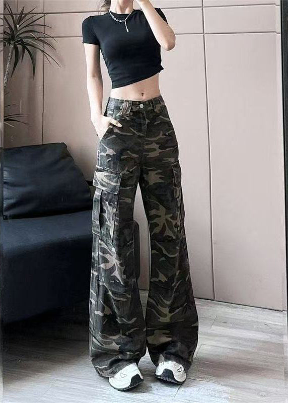 Stylish Army Green Camouflage High Waisted Denim Work Pants Autumn