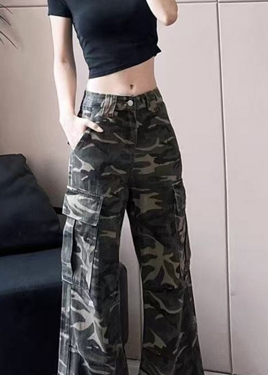 Stylish Army Green Camouflage High Waisted Denim Work Pants Autumn