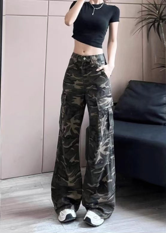 Stylish Army Green Camouflage High Waisted Denim Work Pants Autumn
