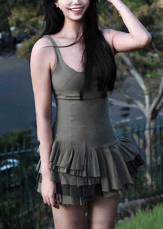 Stylish Army Green Ruffled Patchwork Cotton Spaghetti Strap Summer
