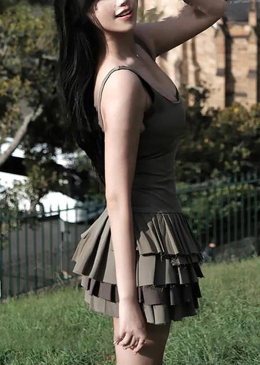 Stylish Army Green Ruffled Patchwork Cotton Spaghetti Strap Summer