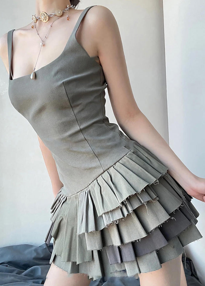 Stylish Army Green Ruffled Patchwork Cotton Spaghetti Strap Summer