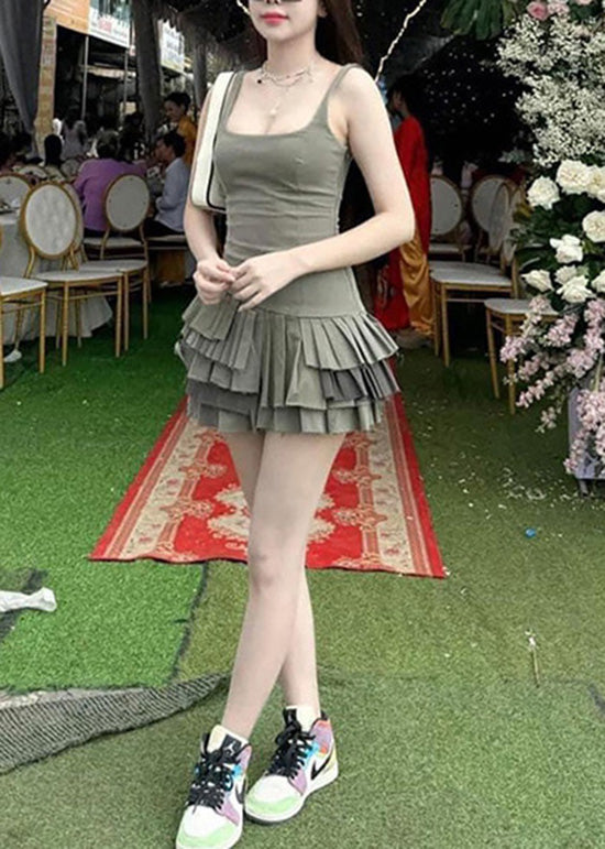 Stylish Army Green Ruffled Patchwork Cotton Spaghetti Strap Summer