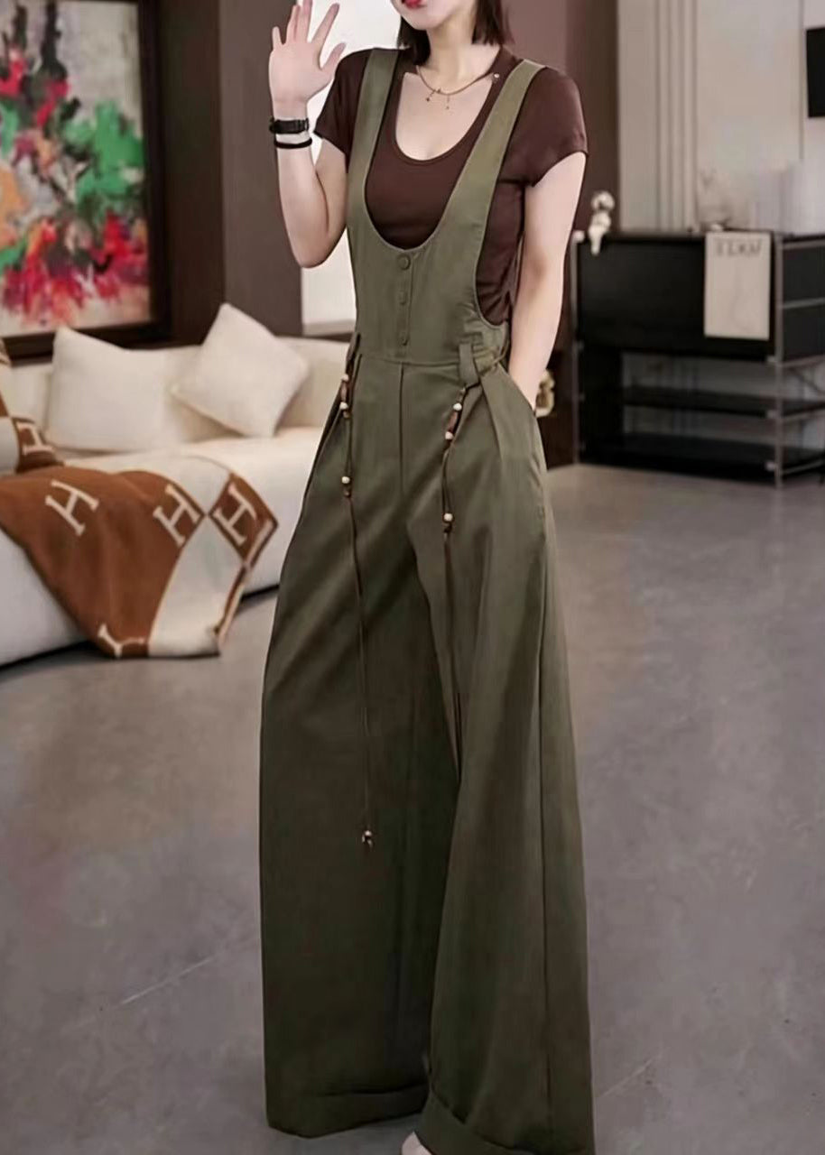Stylish Army Green U Neck Pockets Overalls Jumpsuit  Fall
