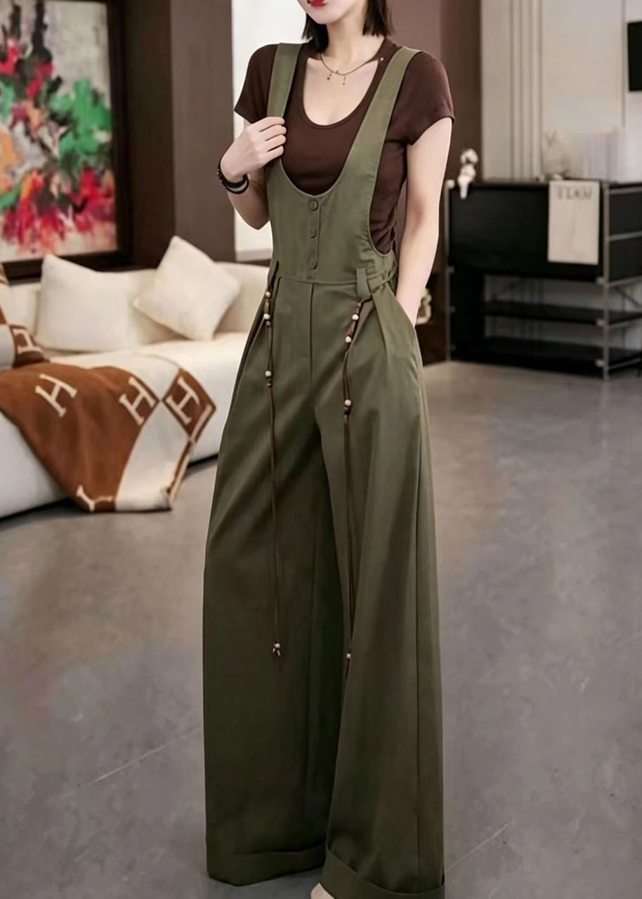 Stylish Army Green U Neck Pockets Overalls Jumpsuit  Fall