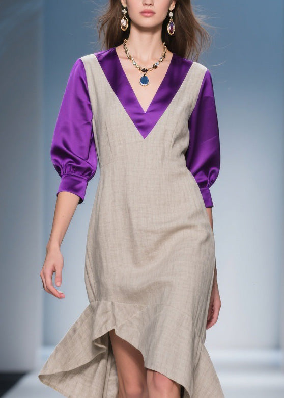 Stylish Asymmetrical Design Patchwork Linen Silk Dress Summer