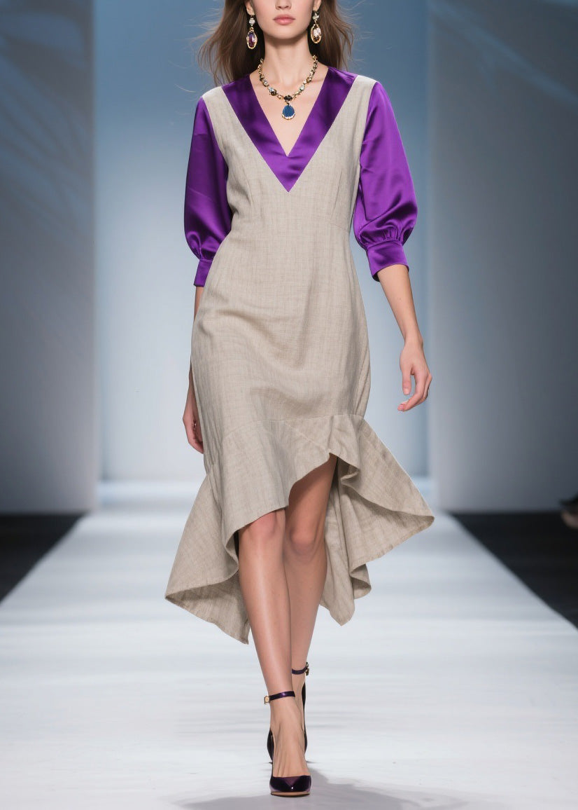 Stylish Asymmetrical Design Patchwork Linen Silk Dress Summer
