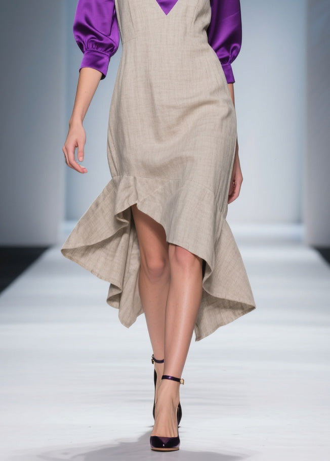 Stylish Asymmetrical Design Patchwork Linen Silk Dress Summer