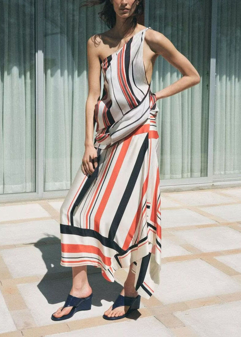 Stylish Asymmetrical Design Striped Silk Two Pieces Set Summer