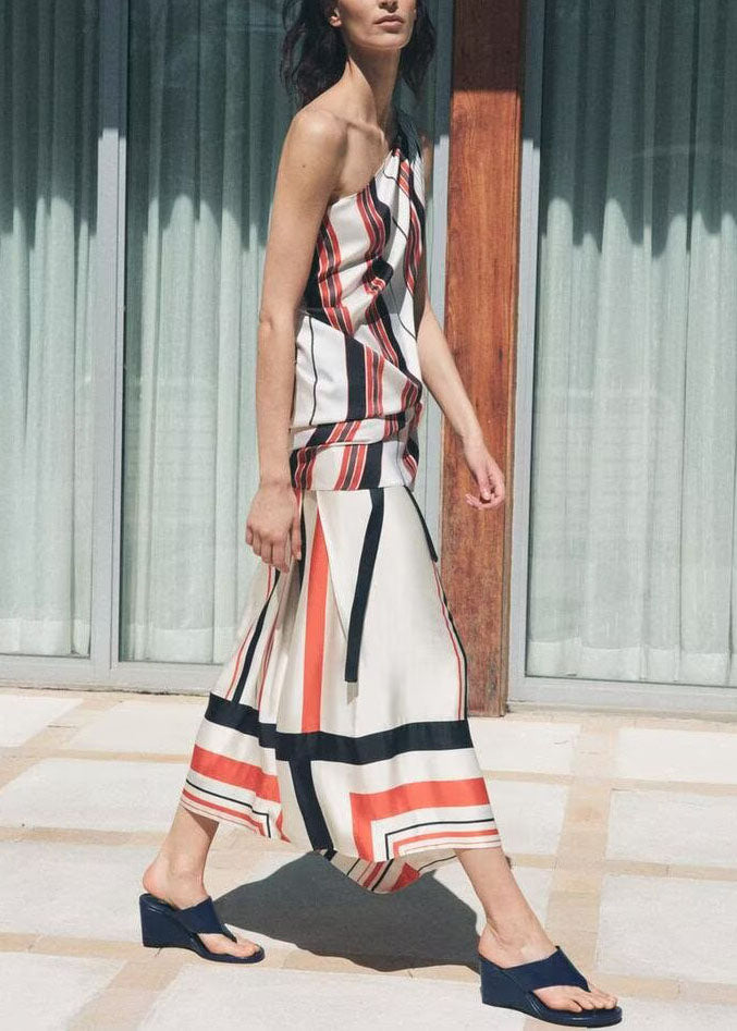 Stylish Asymmetrical Design Striped Silk Two Pieces Set Summer