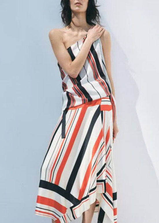 Stylish Asymmetrical Design Striped Silk Two Pieces Set Summer