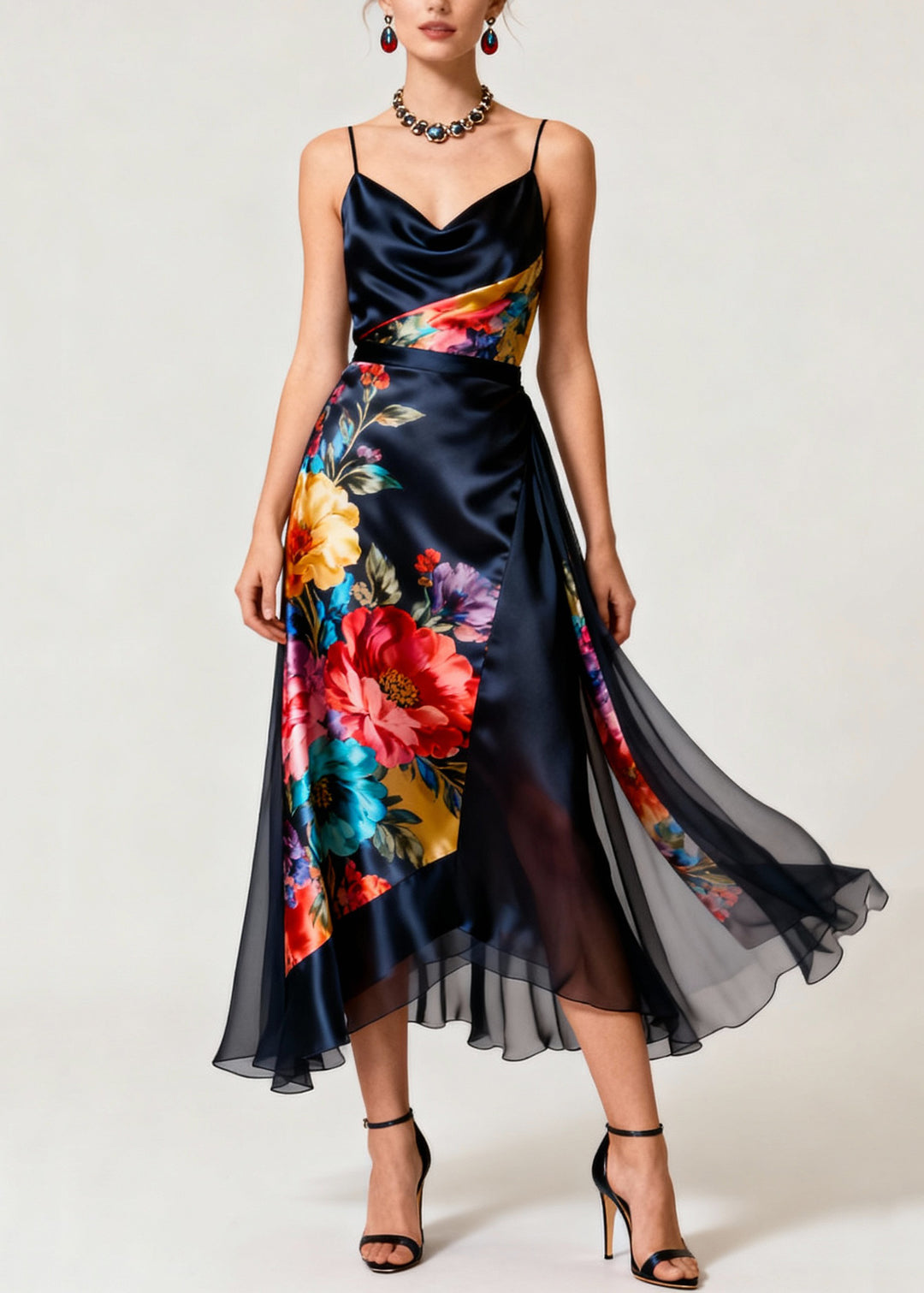 Stylish Asymmetrical Print Silk Spaghetti Strap Dresses Summer