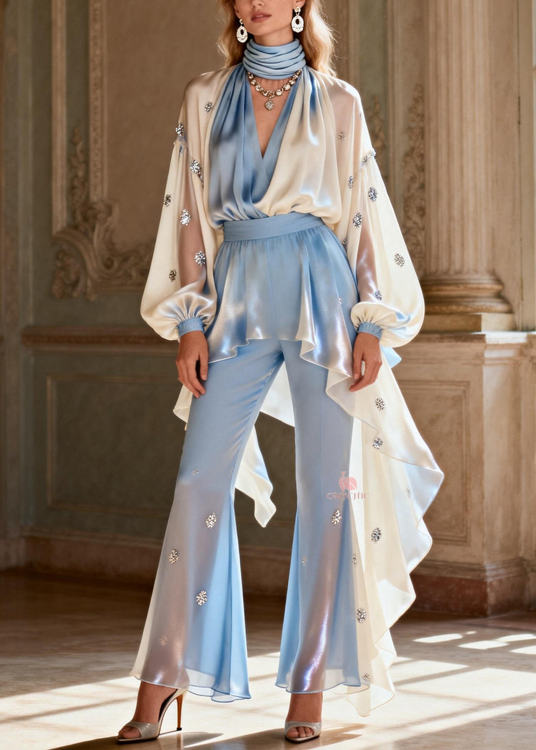 Stylish Asymmetrical Zircon Patchwork Silk Two Pieces Set Spring