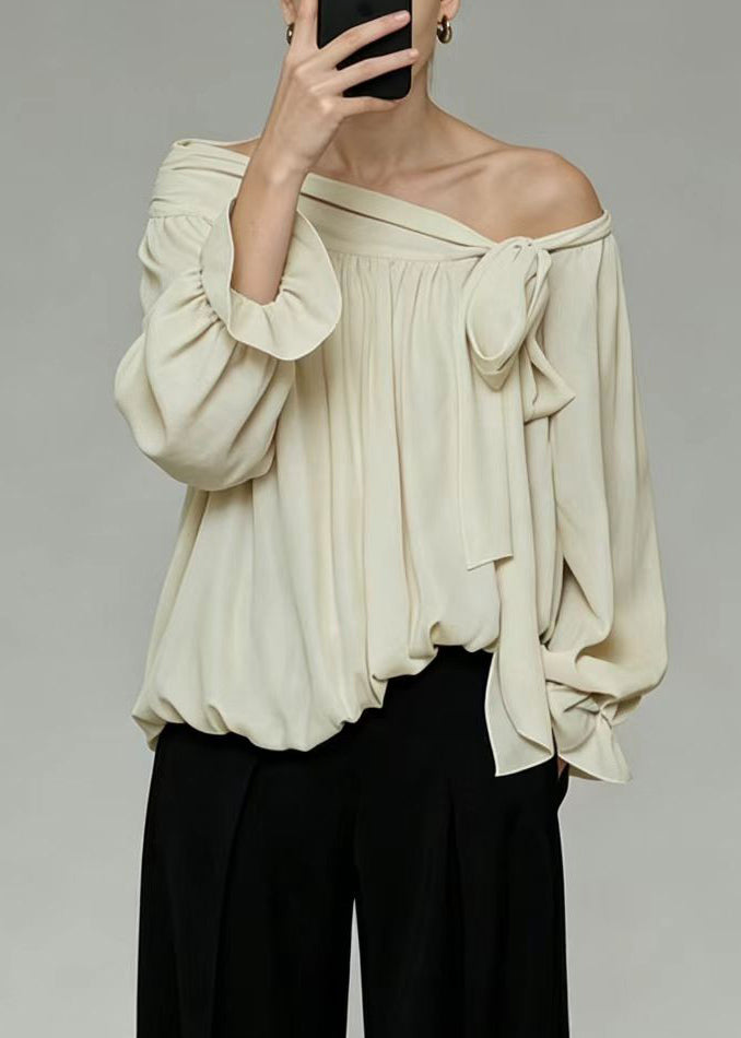 Stylish Beige Cold Shoulder Wrinkled Chiffon Shirt Tops Summer