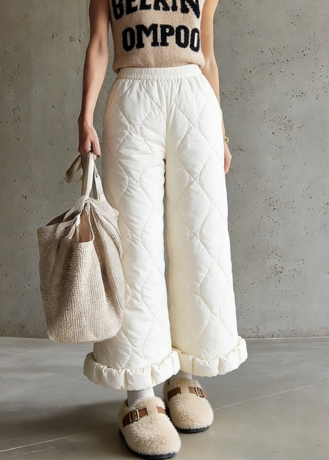 Stylish Beige Elastic Waist Solid Fine Cotton Filled Crop Pants