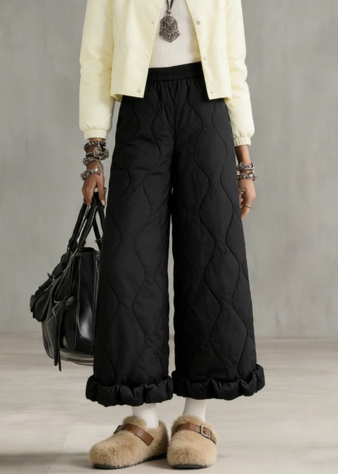 Stylish Beige Elastic Waist Solid Fine Cotton Filled Crop Pants