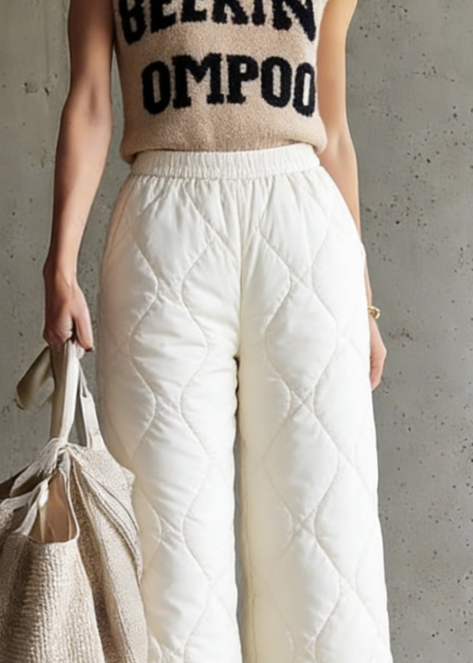 Stylish Beige Elastic Waist Solid Fine Cotton Filled Crop Pants