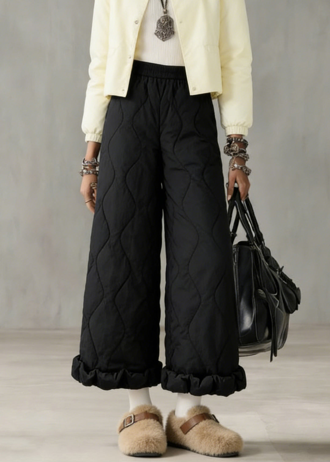 Stylish Beige Elastic Waist Solid Fine Cotton Filled Crop Pants