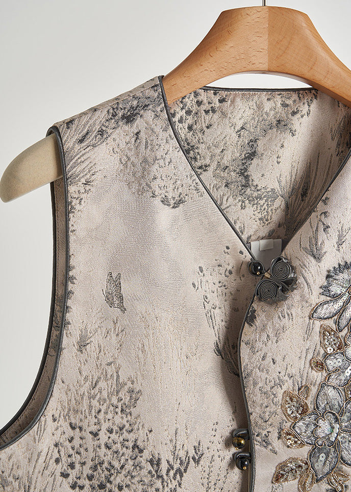 Stylish Beige Embroidered Jacquard Cotton Two Piece Set Fall