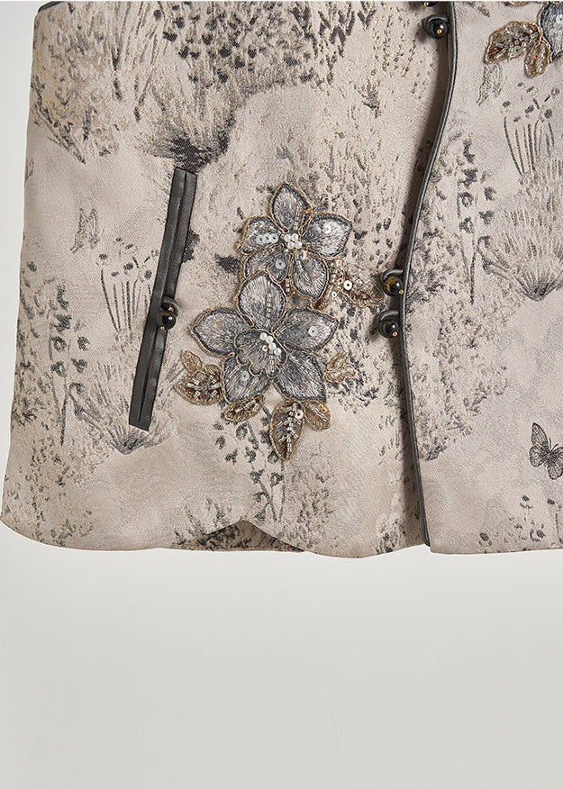 Stylish Beige Embroidered Jacquard Cotton Two Piece Set Fall