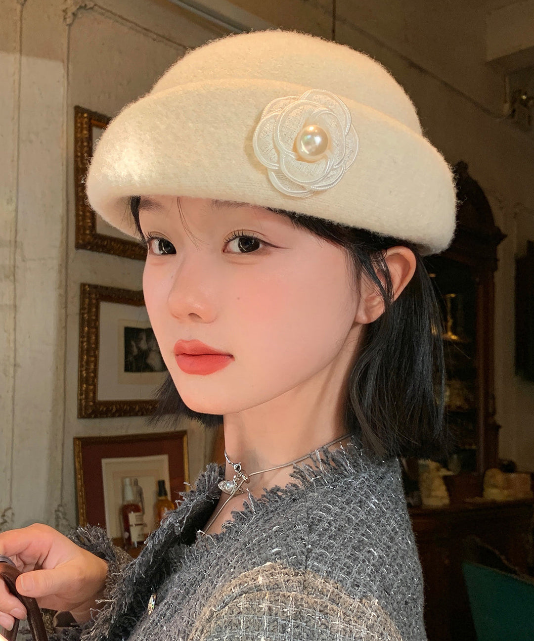 Stylish Beige Floral Pearl Woolen Beret Hat