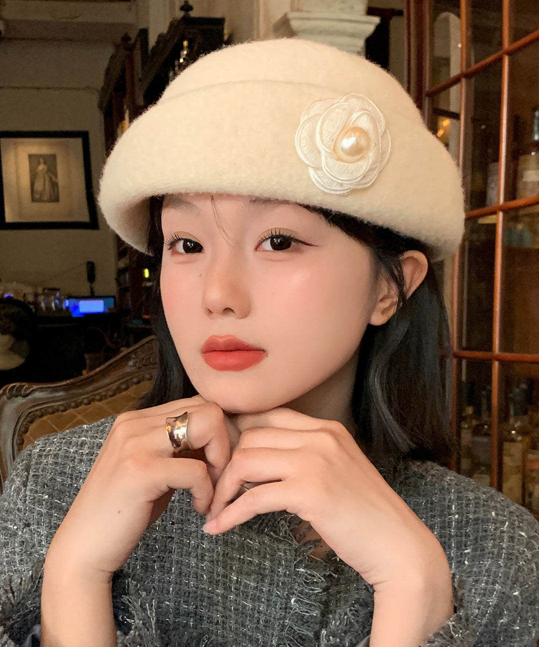 Stylish Beige Floral Pearl Woolen Beret Hat