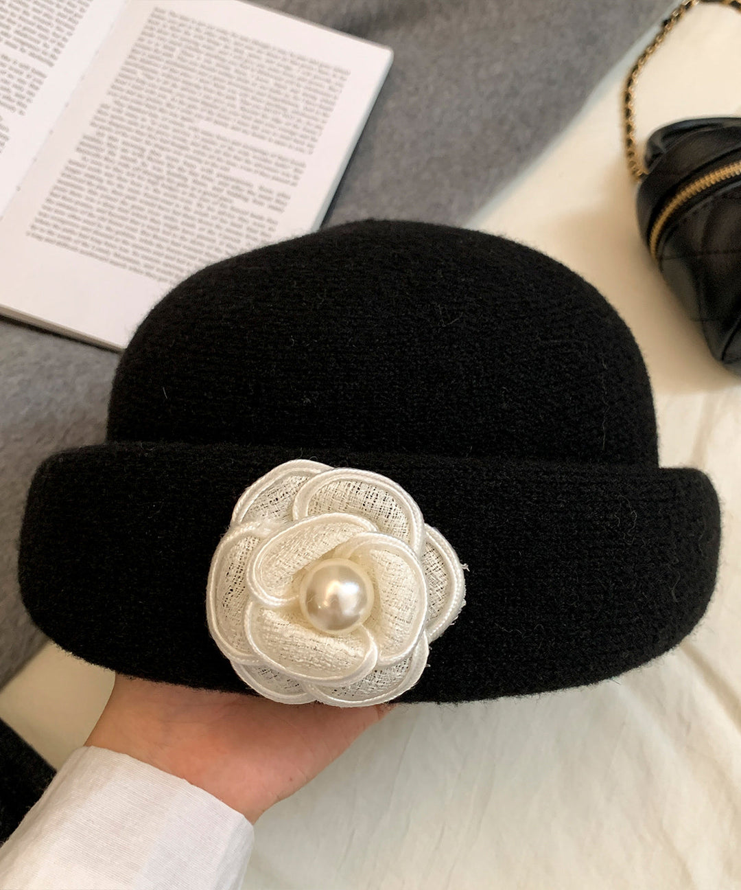 Stylish Beige Floral Pearl Woolen Beret Hat