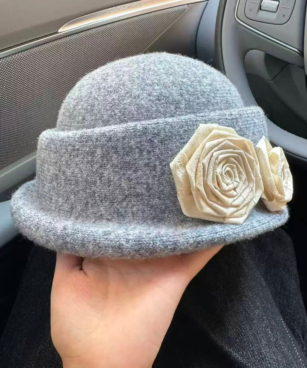 Stylish Beige Floral Woolen Warm Bucket Hat