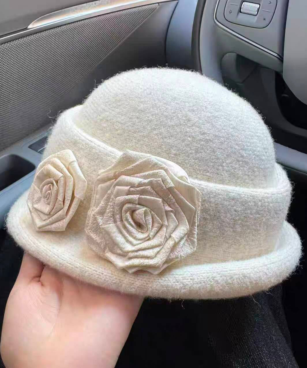 Stylish Beige Floral Woolen Warm Bucket Hat