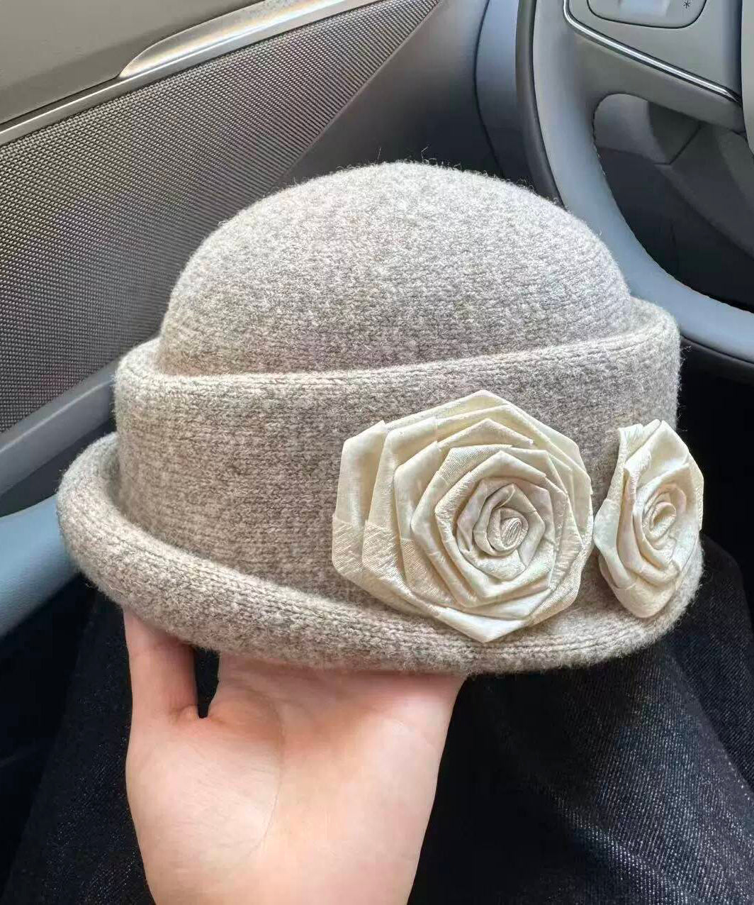 Stylish Beige Floral Woolen Warm Bucket Hat