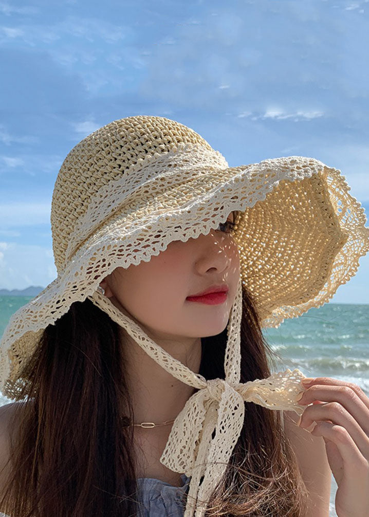 Stylish Beige Hollow Out Lace Straw Woven Floppy Sun Hat