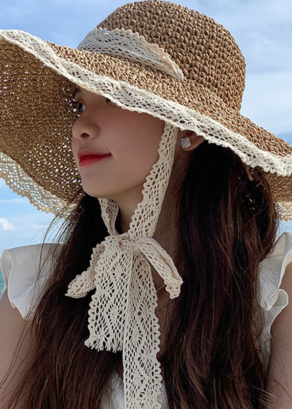 Stylish Beige Hollow Out Lace Straw Woven Floppy Sun Hat