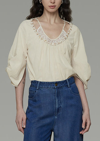 Stylish Beige O-Neck Patchwork Cotton Top Summer