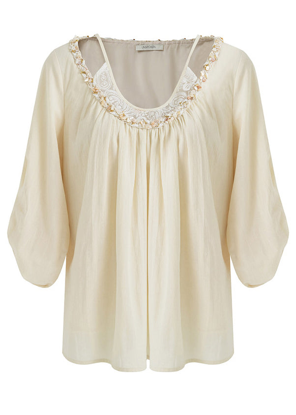 Stylish Beige O-Neck Patchwork Cotton Top Summer