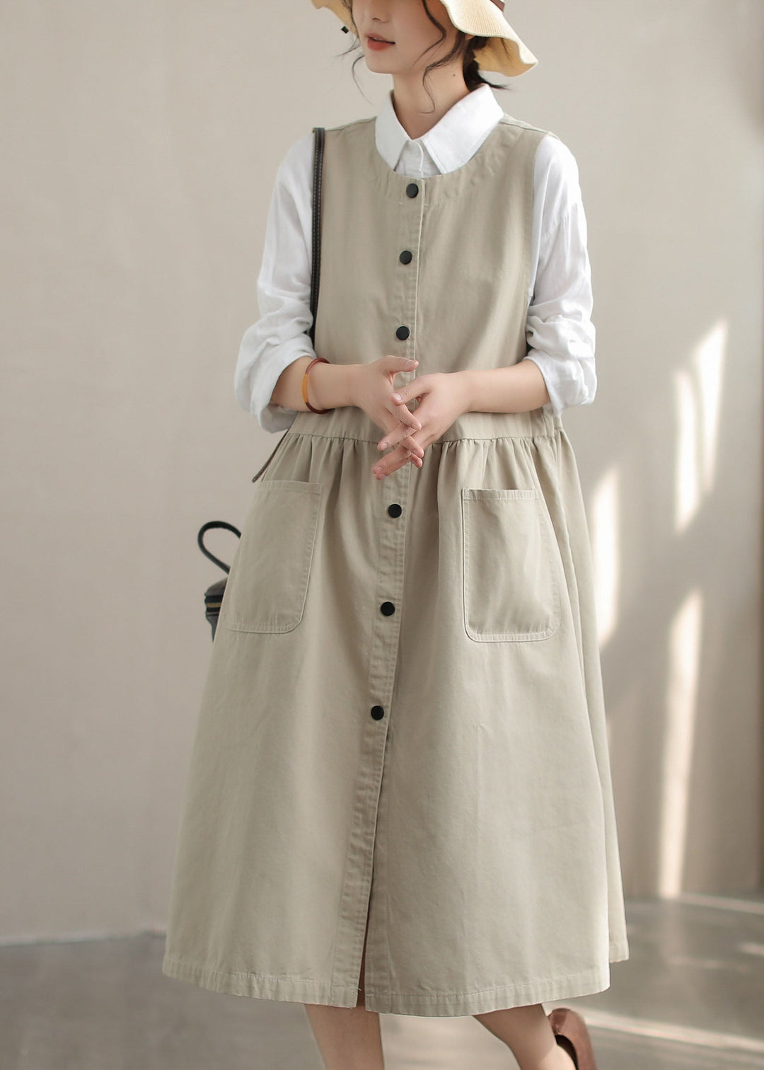 Stylish Beige Oversized Pockets Cotton Dress Sleeveless