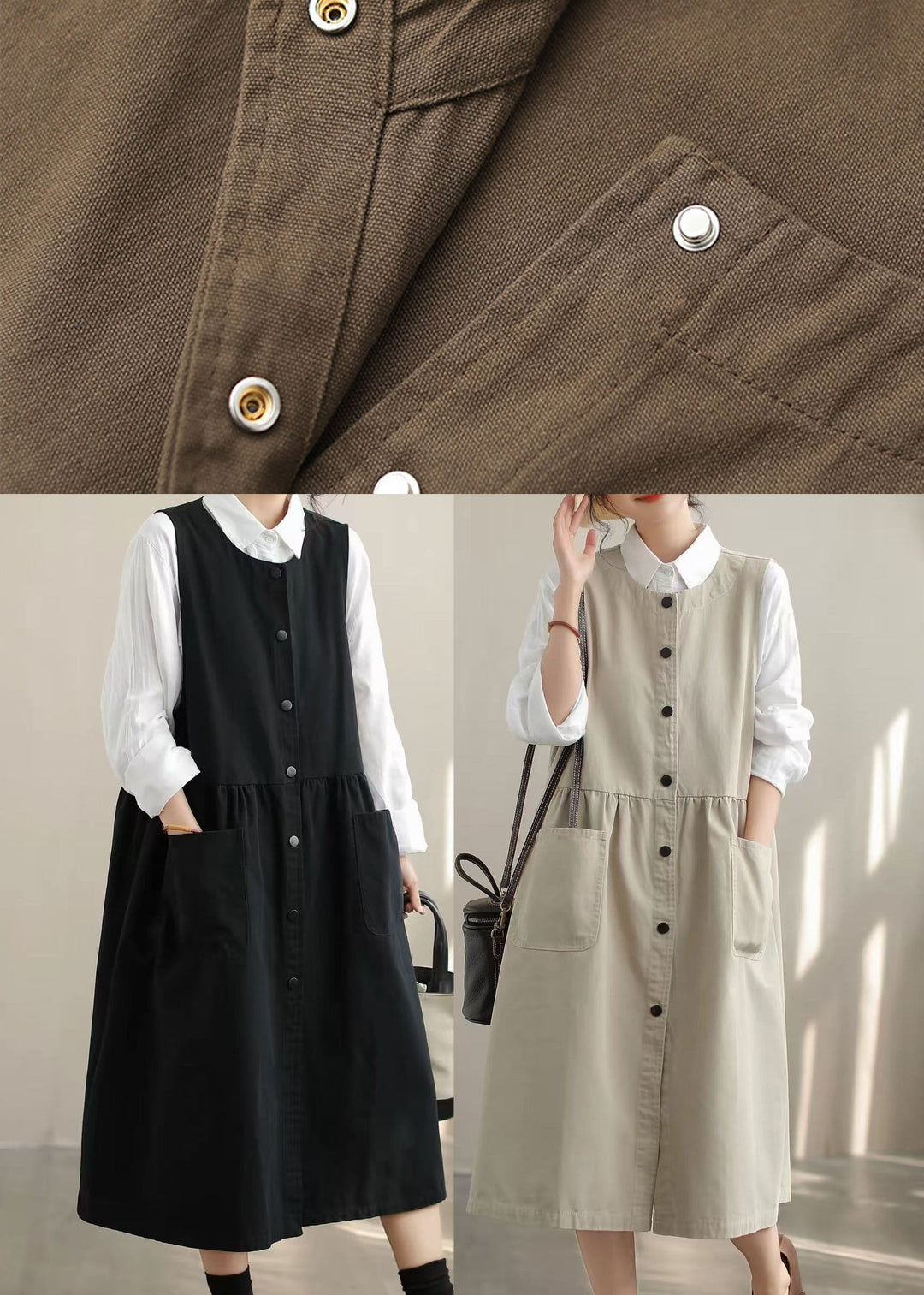 Stylish Beige Oversized Pockets Cotton Dress Sleeveless
