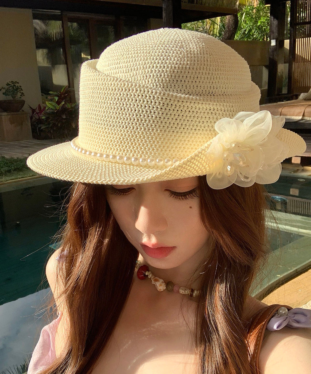 Stylish Beige Pearl Flower Hollow Straw Woven Bucket Hat