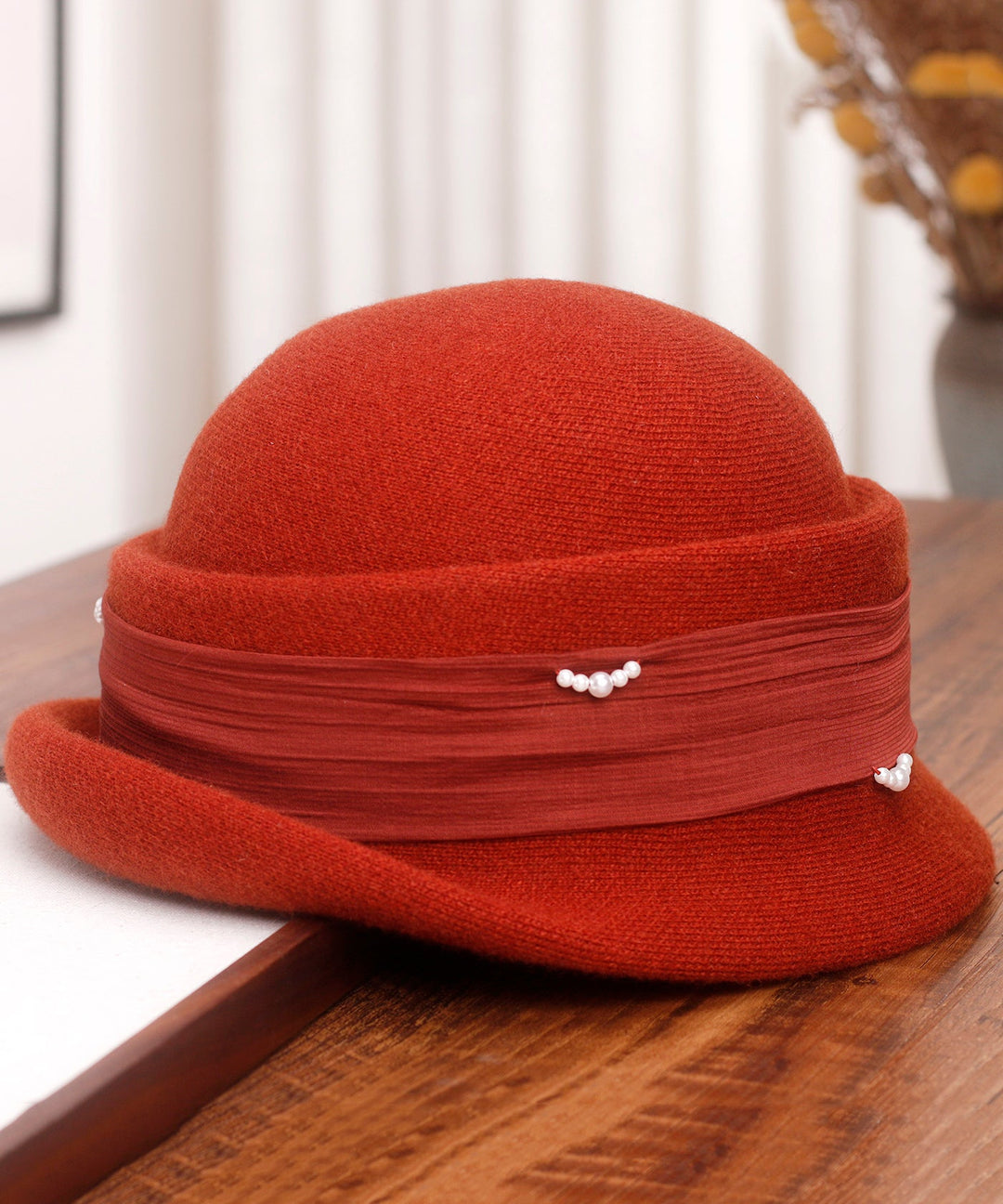 Stylish Beige Pearl Woolen Bucket Hat