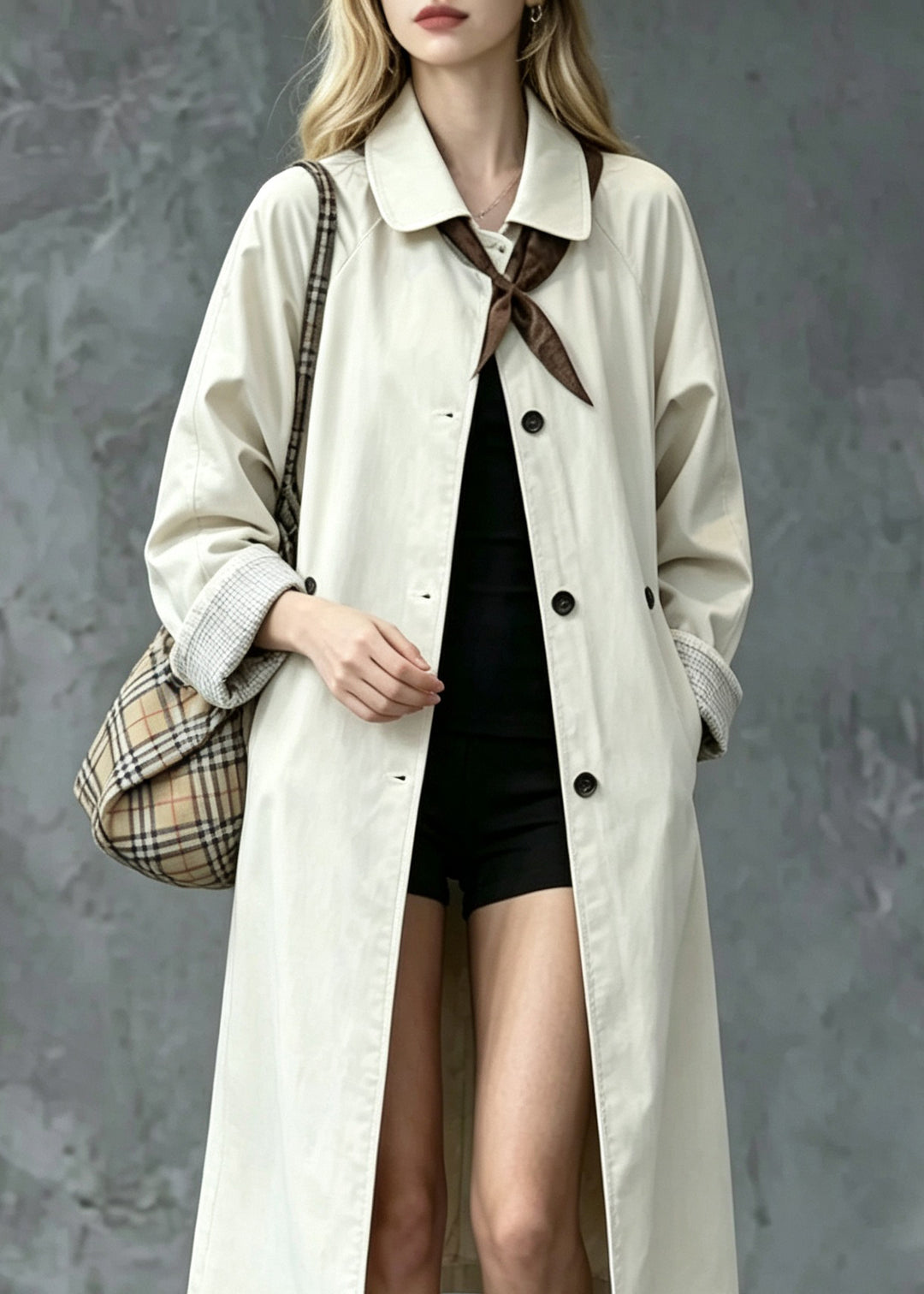 Stylish Beige Peter Pan Collar Pockets Long Trench Coats Fall