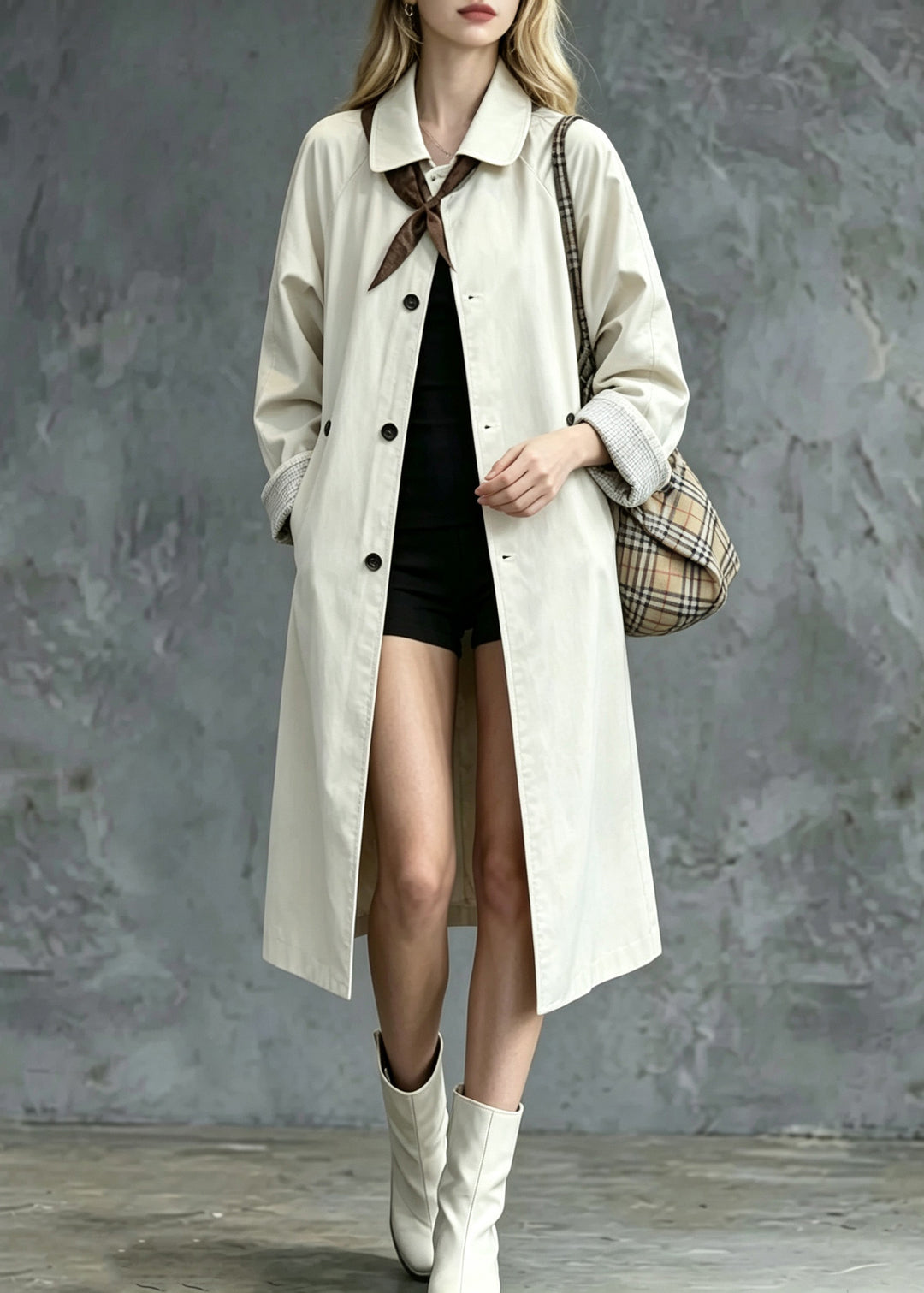 Stylish Beige Peter Pan Collar Pockets Long Trench Coats Fall
