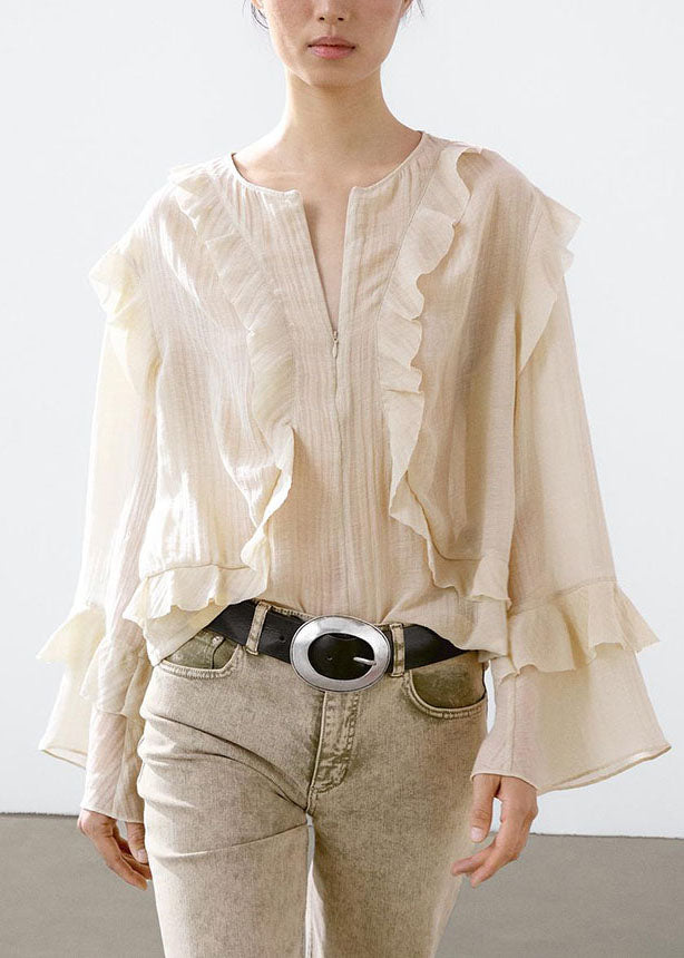 Stylish Beige Ruffled Patchwork Zippered Shirt Flare Sleeve