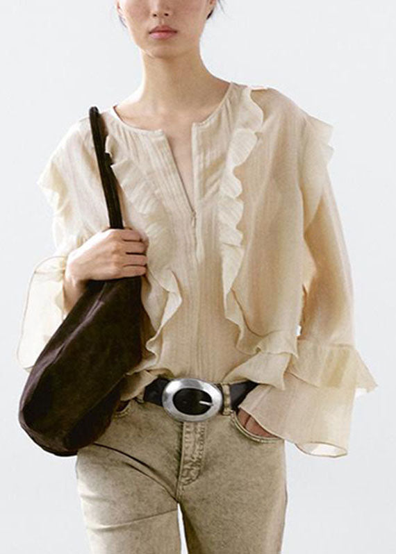 Stylish Beige Ruffled Patchwork Zippered Shirt Flare Sleeve