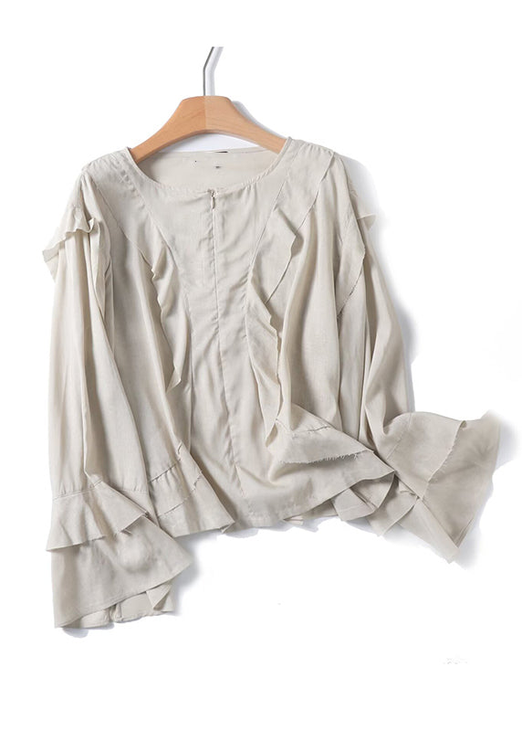 Stylish Beige Ruffled Patchwork Zippered Shirt Flare Sleeve