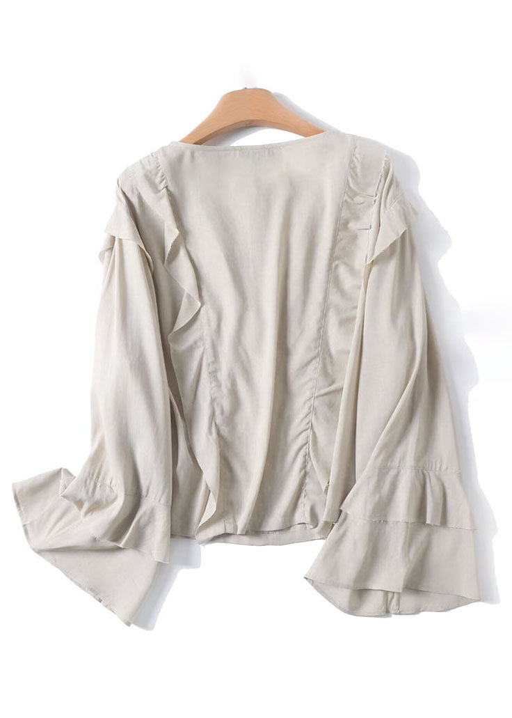 Stylish Beige Ruffled Patchwork Zippered Shirt Flare Sleeve